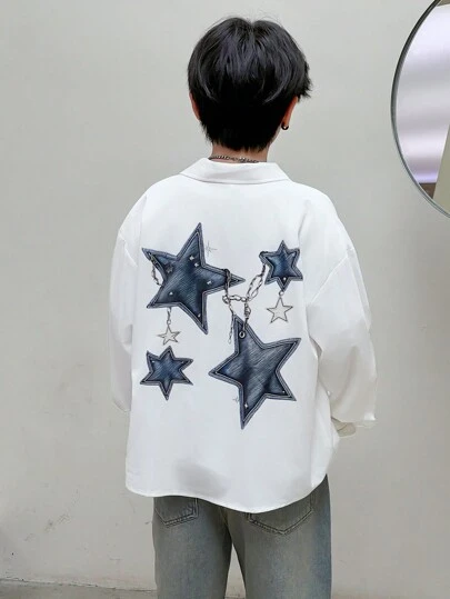 SHEIN Tween Boys 星星印花宽松日韩风格衬衫，多功能：分层、外套，适合秋季/春季、户外玩耍、学校、街头风格、派对、休闲装，物有所值