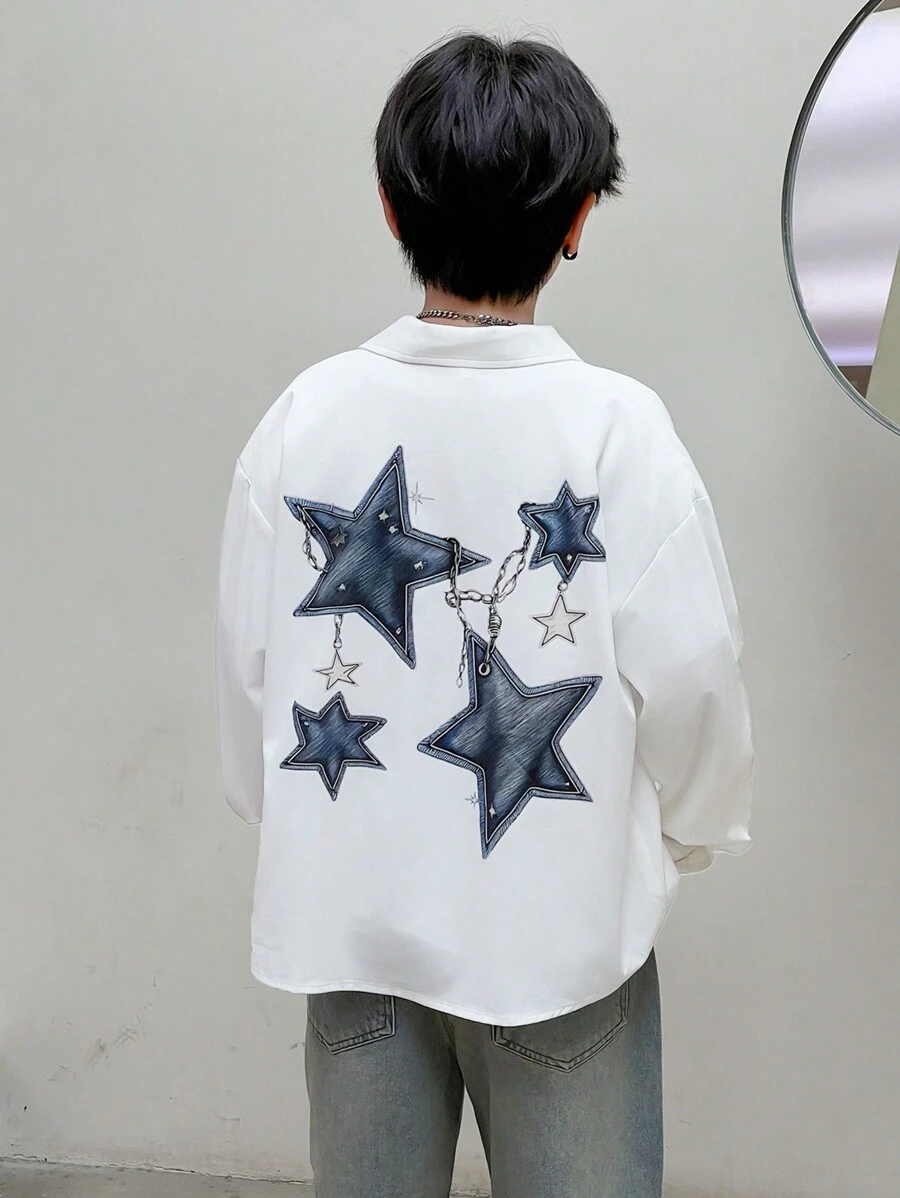 SHEIN Tween Boys 星星印花宽松日韩风格衬衫，多功能：分层、外套，适合秋季/春季、户外玩耍、学校、街头风格、派对、休闲装，物有所值