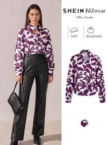BizChic Women's Elegant Purple Satin Floral Print Long Sleeve Blouse, Thanksgiving, Christmas, New Year's Eve Party Dress, Commuting Ladies Wear, - Multicolor - View 1