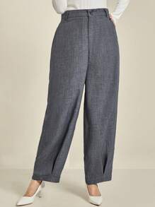 Plus Size Women Grey Textured Woven Casual Pants With Pockets Fall Cloth For Women - Grey - View 6