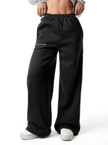 SHEIN Sparklyn Pantalón de chándal informal para adolescentes con estampado de letra y floral - Negro - Ver 5