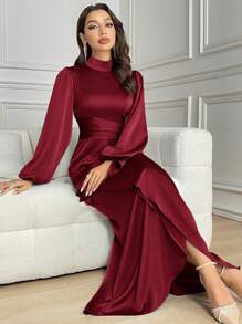 Modelyn Women Solid Color Stand Collar Ruffle Trim Elegant Long Sleeve Dress Long Evening Dresses