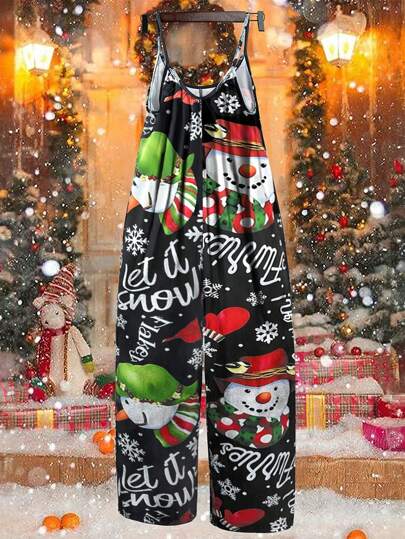 EMERY ROSE Women's Christmas Print Loose Jumpsuit