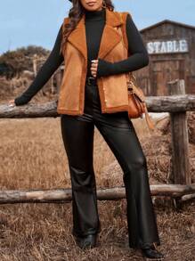 SHEIN VCAY Plus Size Women's Lapel Collar Two Pockets Mixed Suede And Corduroy Casual Warm Vest Jacket For Autumn/Winter - Brown - View 1