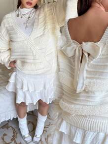 Flirla Plus Size Criss-Cross Back Bow Design Pullover Sweater Knit Pullover Fall Winter - Apricot - View 1