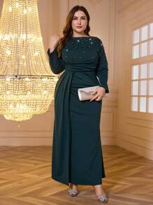 Modelyn Robe longue à col rond de luxe ornée, à manches longues, pour tenue de femme en automne/hiver. Robes de soirée longues