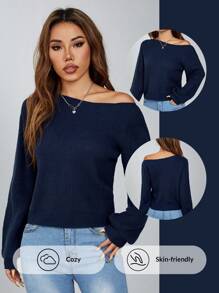 SHEIN PETITE Pullover Slanted Shoulder Ribbed Women's Sweater,Long Sleeve Tops
