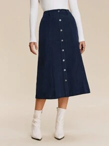 Chiquease Women's Pockets Decor Single Breasted Mid-Length Loose A-Line Skirt - Blue - View 4