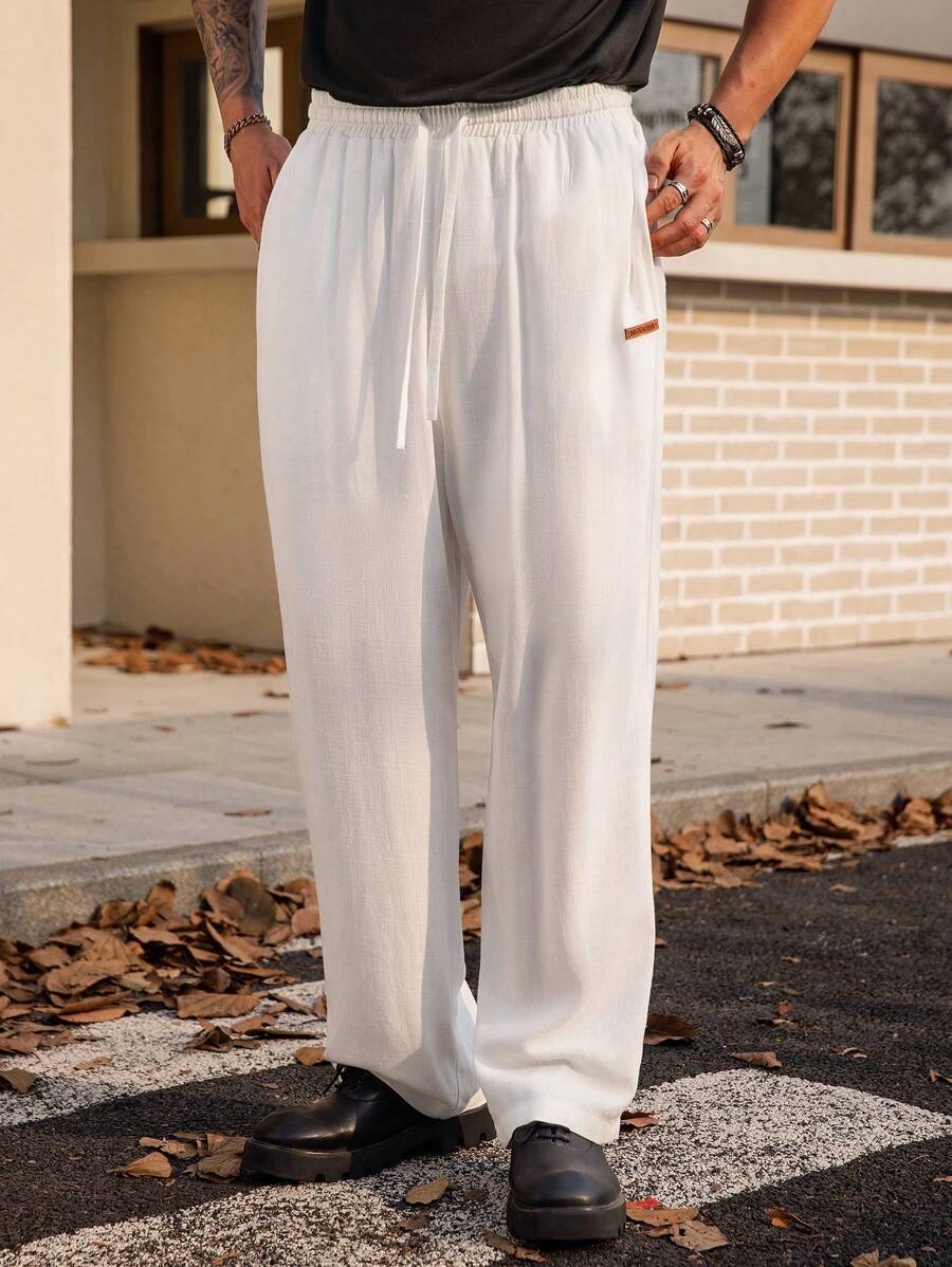 Manfinity VCAY 男士梭织直筒抽绳腰休闲裤，适合日常穿着 - 白色 - 查看 1