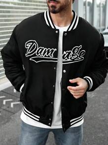 Manfinity Homme Men's Solid Color Splice Front Button Long Sleeve Letter Print Casual Padded Coat