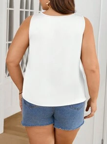 SHEIN Privé Elegant V-Neck Lace Spliced Shiny Sleeveless Blouse For Plus Size, Suitable For Office, Casual Wear, Travel And Holiday, For Summer - White - View 2