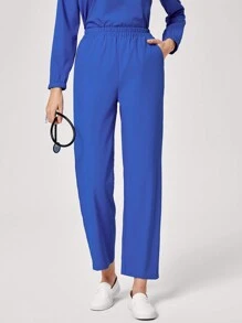 TaskEZ Conjunto de uniforme de trabajo de blusa de manga larga con bolsillo y cuello en V en contraste, y pantalones