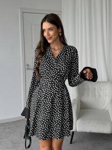 INAWLY Women's Casual V-Neck Polka Dot Print Mini Dress, Autumn