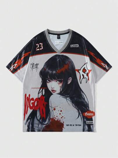 Street Life تيشيرت قصير الأكمام للرجال مع طباعة أنمي ، مناسب للربيع والصيف ، للمدرسة