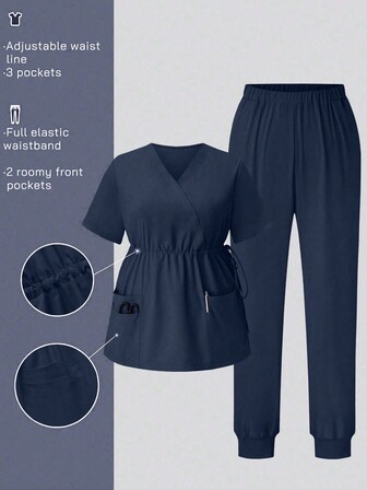 SHEIN TaskFit Plus Size Solid Color V-Neck Drawstring Pocket Short Sleeve Top And Pants Scrub Uniform Set