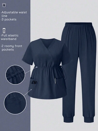 SHEIN TaskFit Bộ đồng phục phẫu thuật tay ngắn cổ chữ V màu trơn cỡ lớn có túi rút và quần