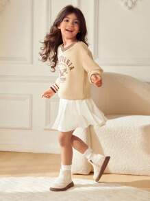 SHEIN 年轻女孩条纹印花 V 领长袖宽松休闲运动衫，秋季 - 卡其色 - 查看 2