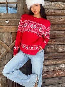 SHEIN EZwear Women's Casual Christmas Bow Accent Knit Pullover Sweater, College Style, Long Sleeve, Autumn/Winter