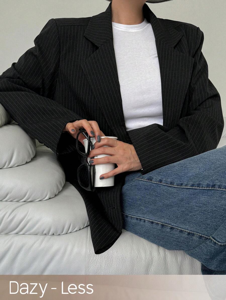 Dazy-Less Women Minimalist Striped Turndown Collar Work Suit Jacket Old Money Style Women Blazers,Fall Clothes Business Casual Woman Work Clothes - Black - View 1