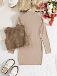 SHEIN Leap Crew 青少年女孩休闲宽松毛绒背心带蝴蝶结装饰和舒适基本款 T 恤 2 件套 - 卡其色 - 查看 2