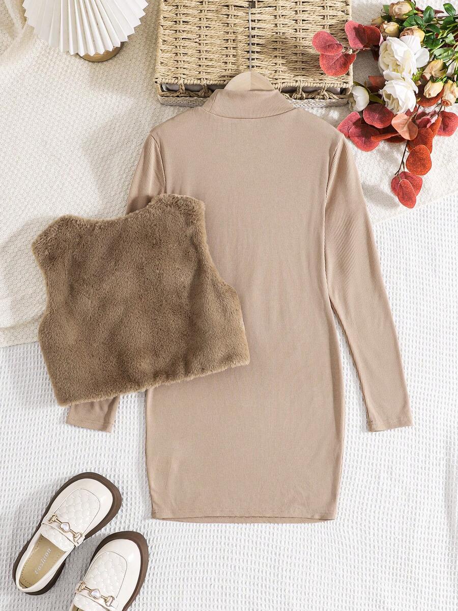 Tween Girl Casual Loose Plush Vest With Bow Decor & Comfortable Basic T