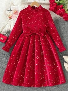 Glamorique Kids Tween 女童秋冬立领荷叶边蝴蝶结装饰金属星闪亮舞台舞蹈表演正式舞会红色连衣裙，配有松紧腰灯笼袖，迷人而独特的面料，适合儿童圣诞节 - 紅色 - 查看 1