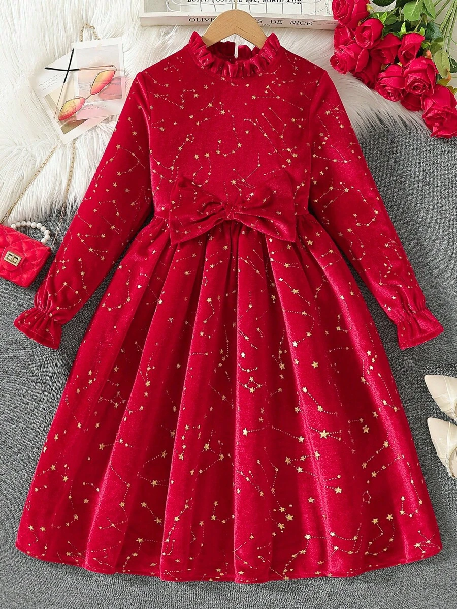 Glamorique Kids Tween 女童秋冬立领荷叶边蝴蝶结装饰金属星闪亮舞台舞蹈表演正式舞会红色连衣裙,配有松紧腰灯笼袖,迷人而独特的面料,适合儿童圣诞节 - 紅色 - 查看 1