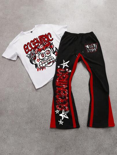 Manfinity EMRG 2pcs/Set Men Cartoon & Letter Print Round Neck Short Sleeve T-Shirt And Casual Pants, Leisure Outfit