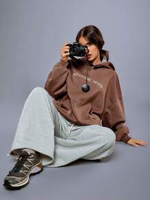Athîral Women's Letter Pocket Hooded Casual Long Sleeve Sweatshirt Fall/Winter Warm Cold Weather Thermal Brown Color