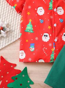 2pcs Young Boys Christmas Party Casual Gentleman Santa Claus, Reindeer, Christmas Tree Random Print Red Short Sleeve Shirt + Olive Green Shorts With Pockets Set, Suitable For Holiday Celebration, Family Gathering, Party And Dinner