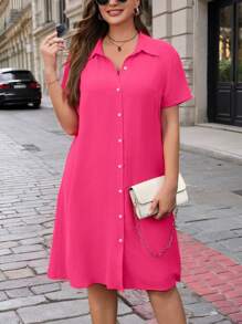 SHEIN LUNE Đầm tay ngắn giản dị cài nút phía trước cho nữ cỡ lớn - Đỏ - Xem 5