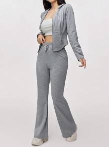 Mulvari Conjunto informal de 2 piezas con sudadera con capucha con cremallera de unicolor y pantalón largo, para otoño