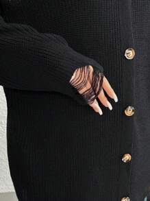 SHEIN LUNE Plus Size Black Solid Color Front Button Ripped Fringe Trim Casual Long Sleeve Knit Cardigan