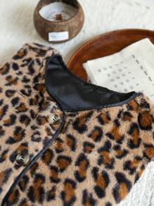 SHEIN VCAY Women's Open Front Pocketed Casual Leopard Print Cardigan Coat, Autumn/Winter,Back To School For Daily Wear,Fall Outfits,Commute,Minimalist,Office,Old Money,Simple,Teacher Clothes,Halloween Women Costumes,Thanksgiving Women Outfit,Fuzzy Leopard Print Cardigan Coat,Fleece Coat,Cow Print Vest
