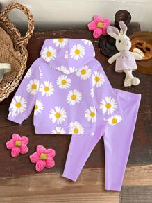 SHEIN Conjunto casual de 2 piezas para niña bebé "Margarita", con estampado floral lindo en morado, que incluye sudadera holgada con gráfico de letra y pantalón relajado, dulce y tranquilo
