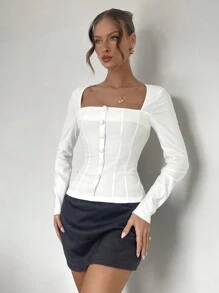 Pariaura 小众设计修身长袖方领衬衫，百搭，长袖上衣 - 白色 - 查看 5