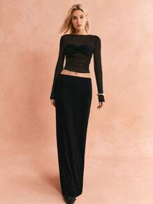 Poéselle 2 件套女士黑色透视裙两件套褶皱胸上衣和低腰裙优雅套装派对女士套装休闲纯色圆领长袖上衣和 A 字裙套装万圣节服装秋季女装 - 黑色 - 查看 2