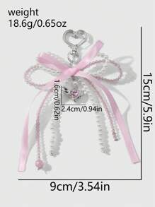 ROMWE Kawaii 1 pièce Élégant Casual fait main Perle blanche en cristal perle rose ruban nœud papillon ailes cœur pendentif porte-clés et porte-clés, convient pour les femmes, port quotidien ou cadeaux de la Saint-Valentin