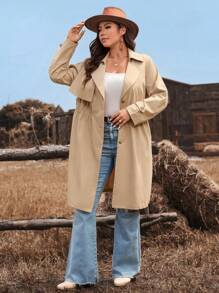 SHEIN VCAY 大码女式单排扣长款休闲长袖外套，纯色，秋季