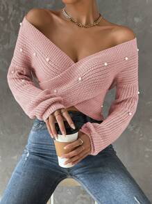 Chiquease 一件休闲露肩仿珍珠装饰针织毛衣，适合秋冬季节穿着。 - 粉色 - 查看 1