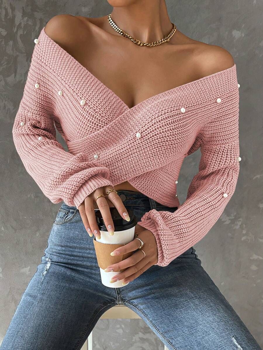 Chiquease 一件休闲露肩仿珍珠装饰针织毛衣，适合秋冬季节穿着。 - 粉色 - 查看 1