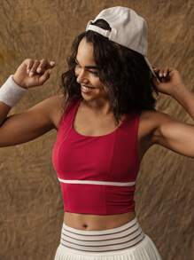VARSITIE 圆领无袖撞色条纹紧身女式运动 T 恤和背心 - 紅色 - 查看 4