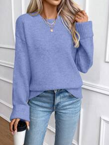 SHEIN LUNE Women Casual Solid Color Round Neck Dolman Sweater, Autumn/Winter Knit Pullover Fall - Blue - View 6