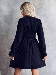EMERY ROSE Women Autumn V-Neck Long Sleeve Elegant Jacquard Short Dress Fall Cloth For Women - Blue - View 2