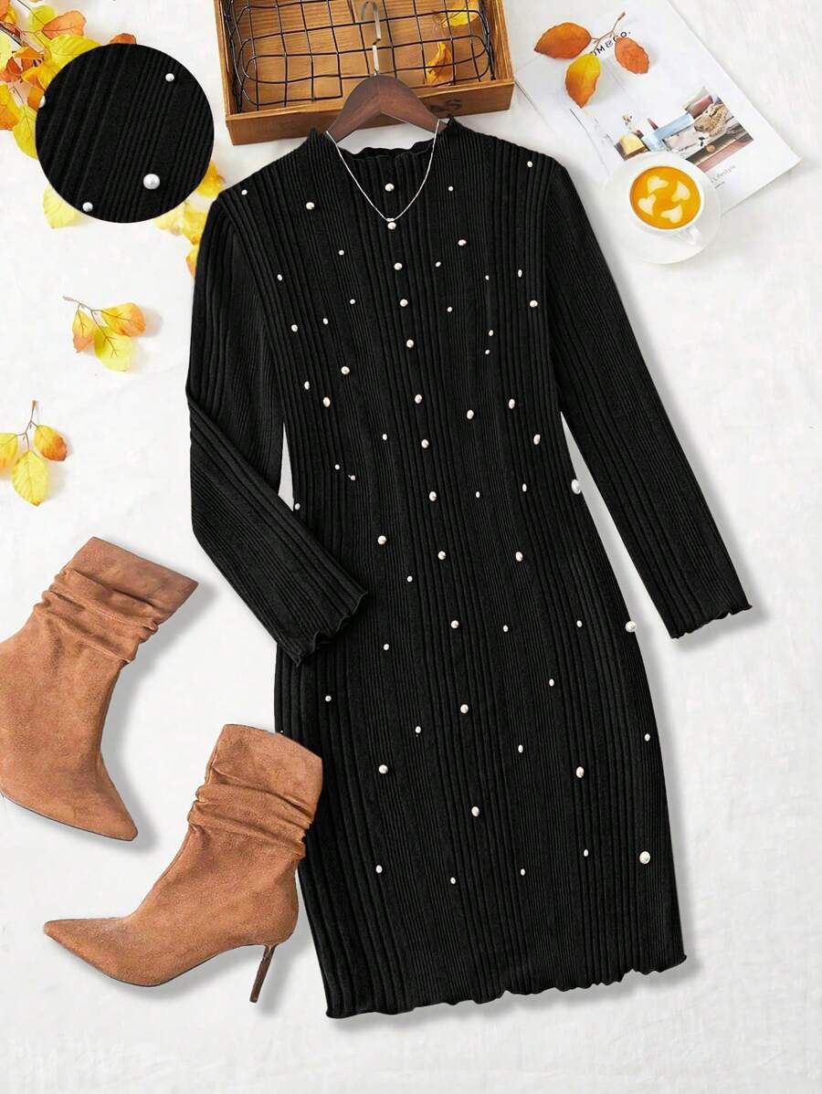 SHEIN LUNE Đầm dự tiệc cưới mùa thu/đông tay dài cổ đứng trang trí ngọc trai giả cỡ lớn cho nữ cỡ lớn - màu đen - Xem 1