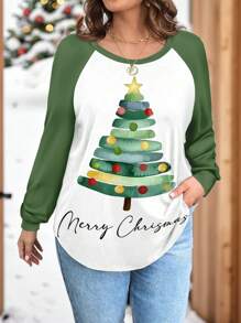 SHEIN LUNE Plus Size Women's Casual Christmas Tree Raglan Sleeve Round Neck Loose T-Shirt, Suitable For Autumn/Winter