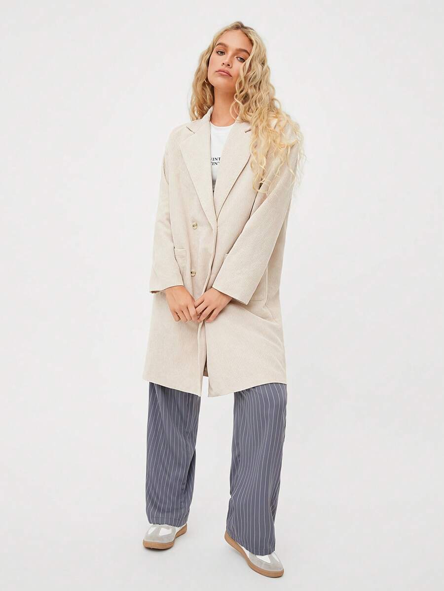 SHEIN EZwear 女士宽松休闲中长款杏色灯芯绒秋冬外套 - 杏色 - 查看 1