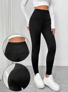 SHEIN Essnce 女士纯色高腰修身打底裤，休闲度假和外出 - 黑色 - 查看 1