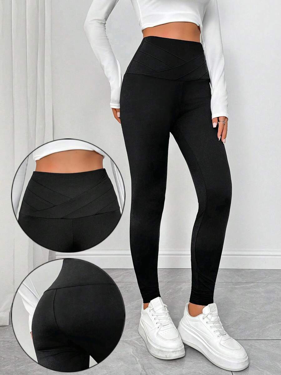 SHEIN Essnce 女士纯色高腰修身打底裤，休闲度假和外出 - 黑色 - 查看 1