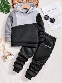 2 件套年轻男孩休闲字母印花拼布连帽衫和运动裤套装，适合秋冬季 - 彩色 - 查看 1